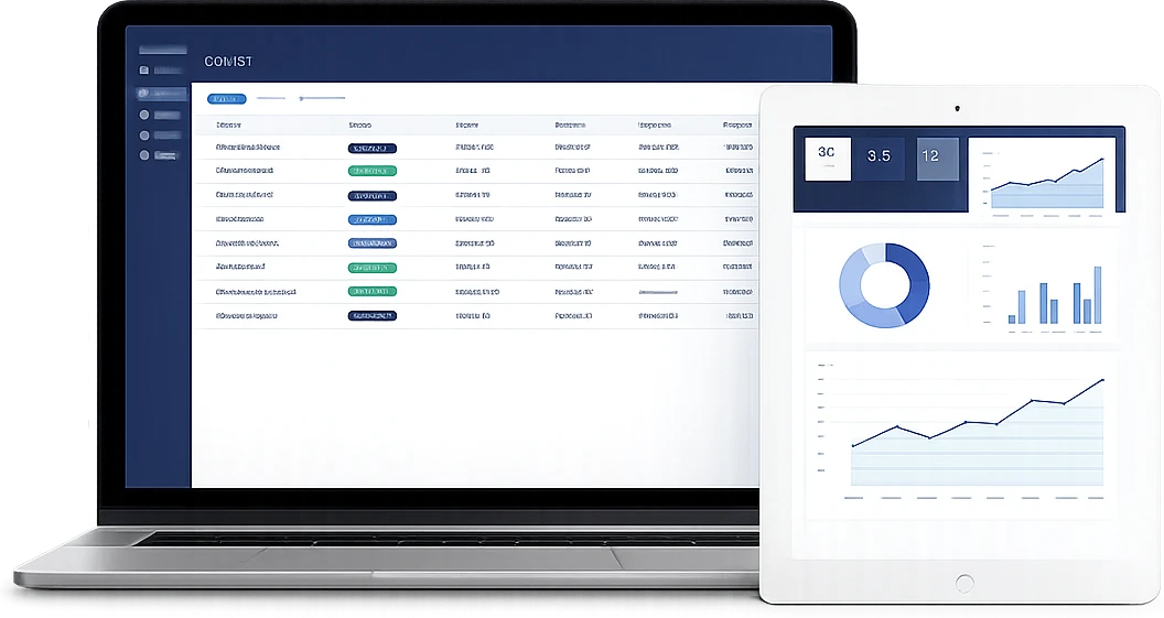 A laptop and tablet showing a custom business system